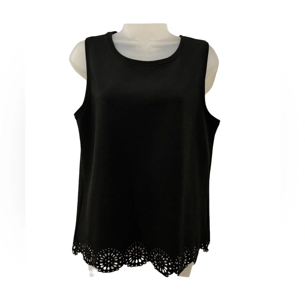 LOFT Black Sleeveless Tank Top Scalloped Eyelet Hem Women’s Medium - Picture 3 of 5